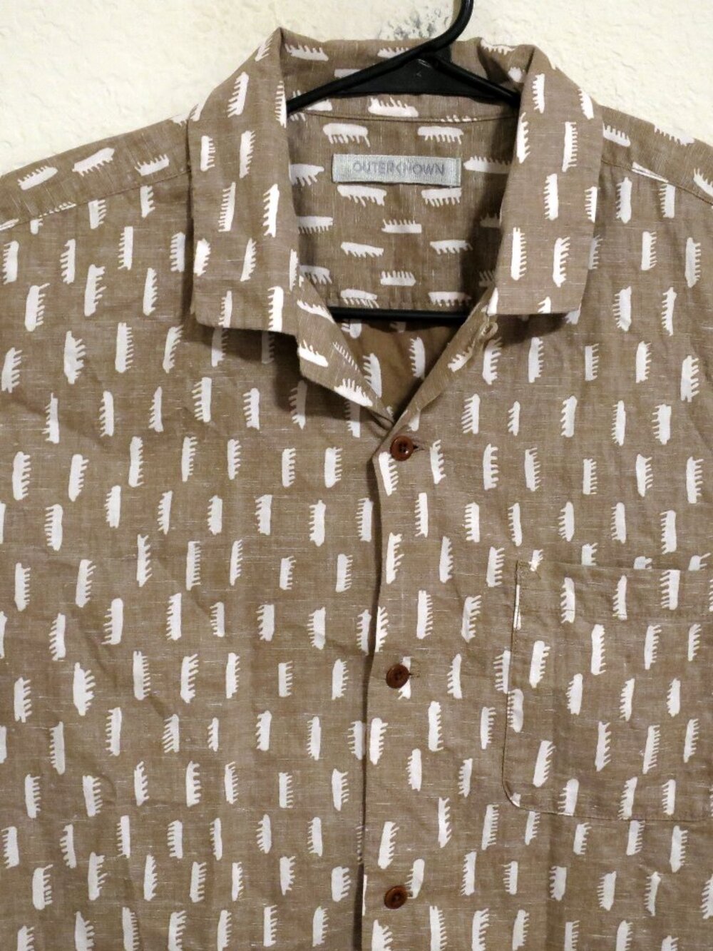 Outerknown Shirt Mens XL Short Sleeve Button Brown White Organic Cotton